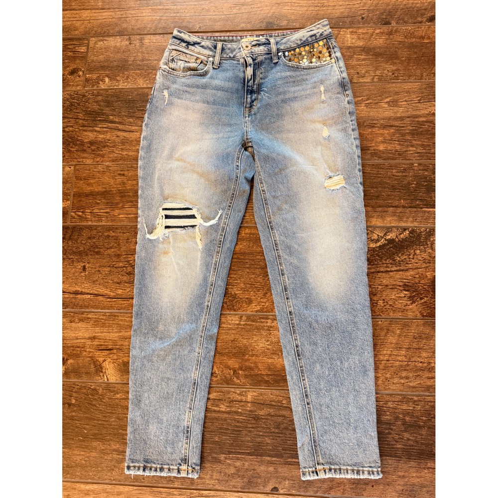 Edgely 90s Taper High Rise Distressed Studded Jeans Light Wash Denim Womens 10